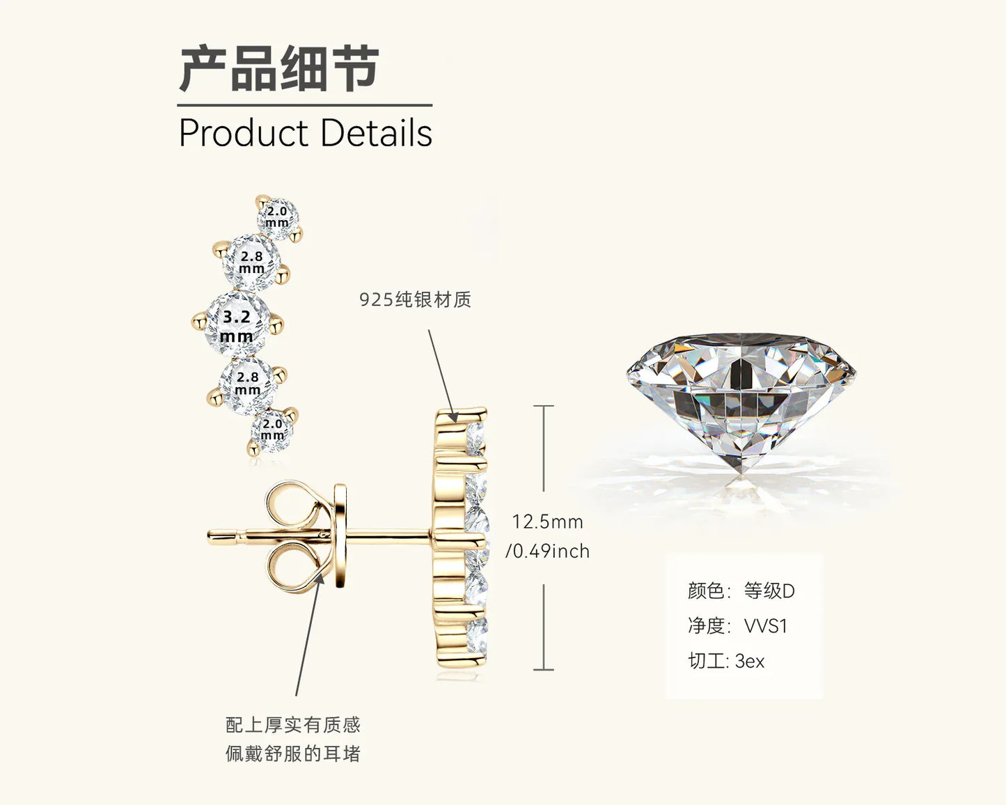 Gold-tone cluster stud earrings diagram with five round stones and size callouts