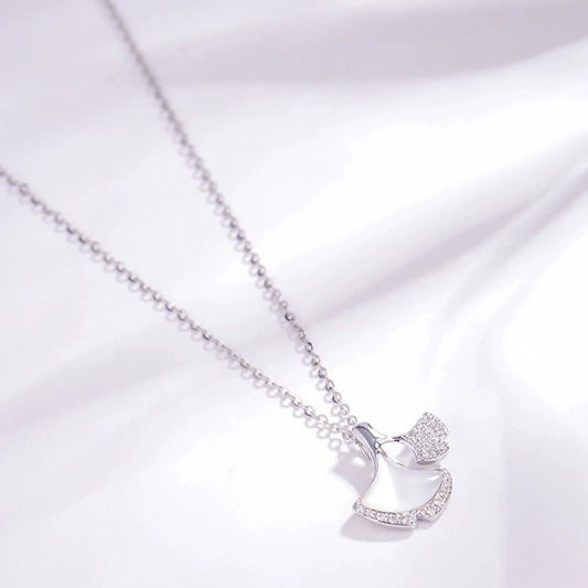 Cottagecore Aesthetic Recycled Sterling Silver MOP Almond Leaf Necklace
