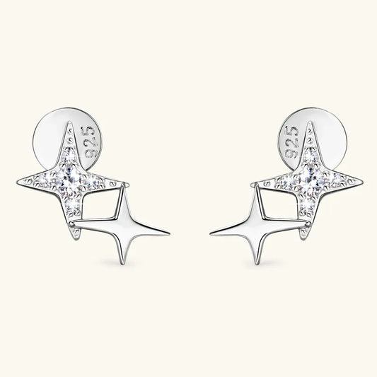 Double star moissanite stud earrings in silver tone, two star shapes with sparkling stones
