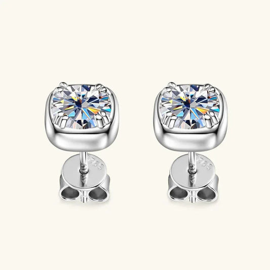 White metal cushion-cut moissanite stud earrings with faceted center stone