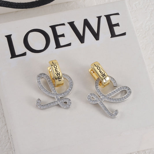 LOEWE Gold & Silver openwork logo earrings, large studs, two-tone cross-letter design