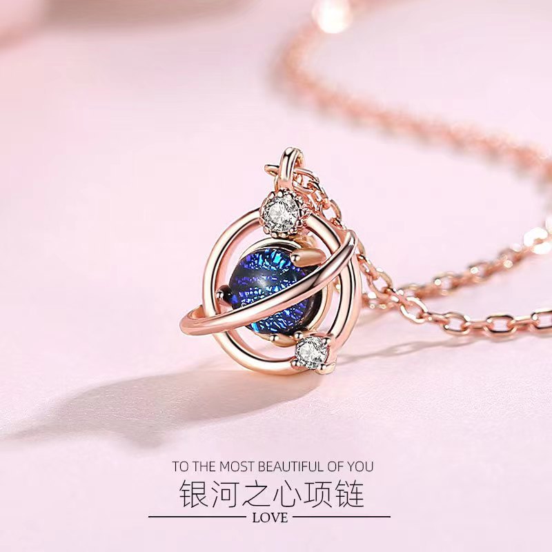 rose color blue planet necklace