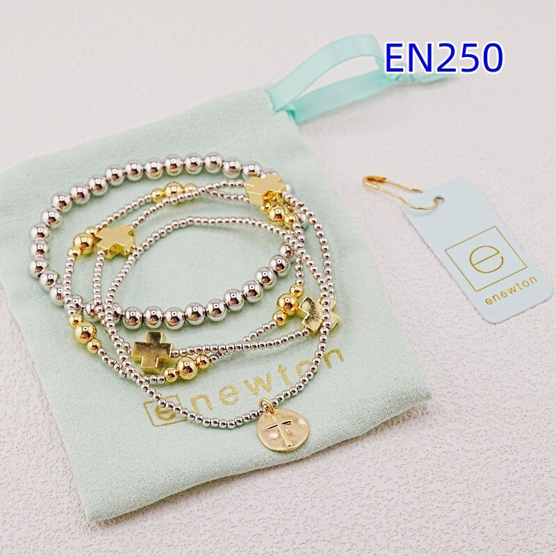 Mixed silver and gold beaded bracelet set with cross charms and round cross pendant
