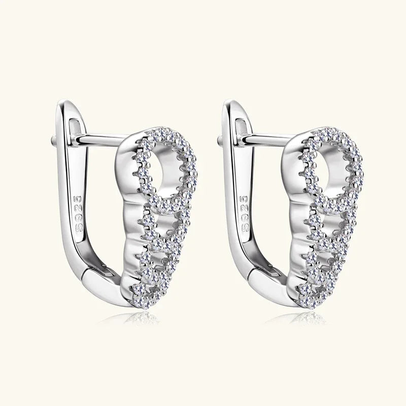 Silver-tone U-shaped moissanite hoop earrings with oval pave halo detail