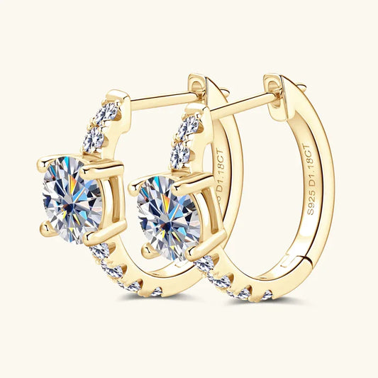 S925 gold-tone moissanite huggie hoop earrings with central round stone and side accent stones