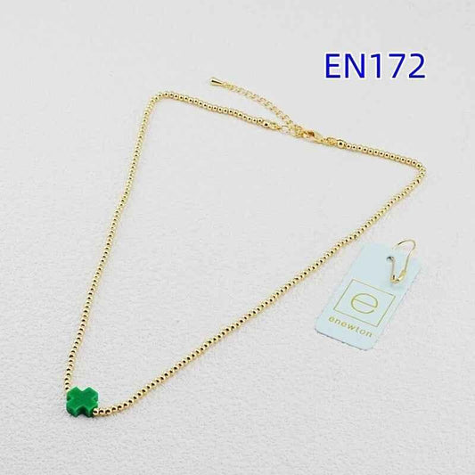 Colorful cross-bead necklace with gold chain and green star cross charm