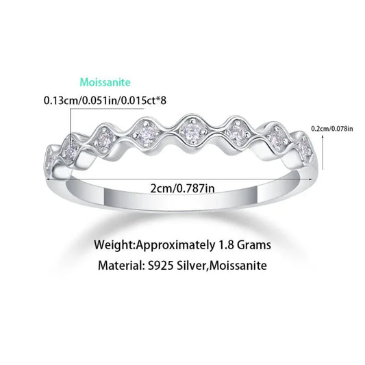 Silver moissanite cluster ring, wave band with 8 round stones, S925, 0.13ct