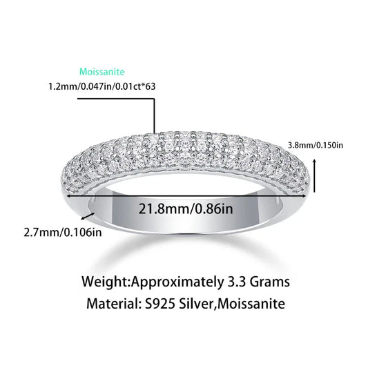 Silver moissanite diamond band ring side view with round pavé stones