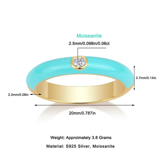Turquoise band ring with round moissanite set in gold bezel