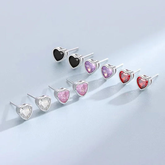 Mixed-color heart stud earrings with black, purple, pink, red, and clear stones