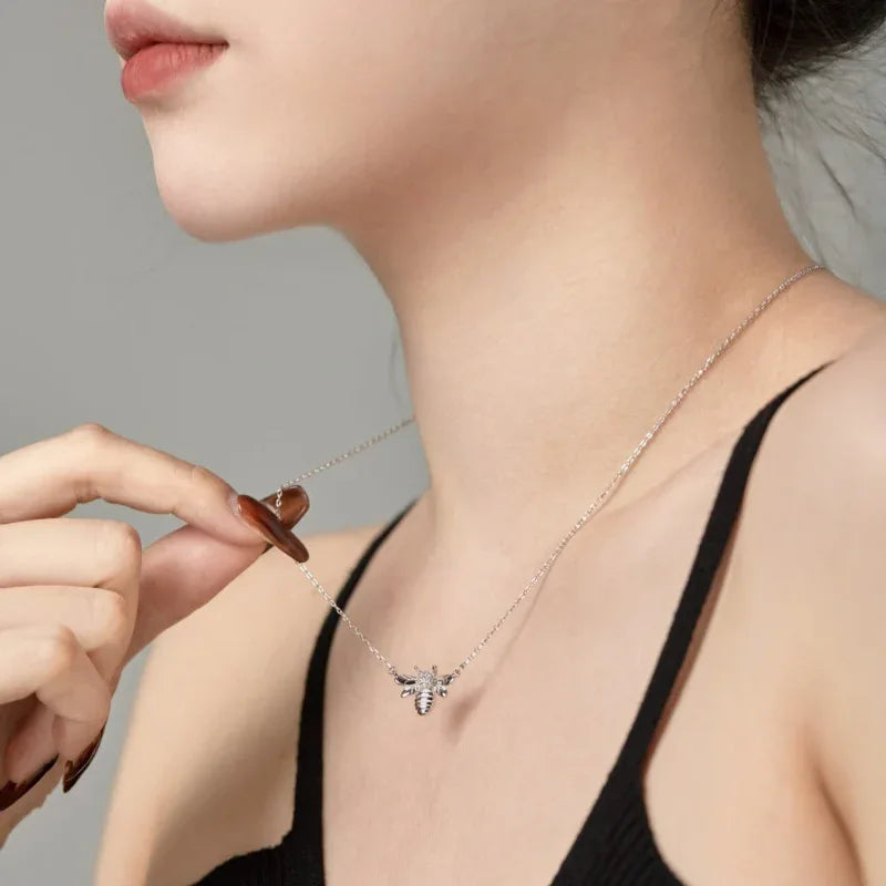 Silver-tone bee CZ pendant necklace with fine chain