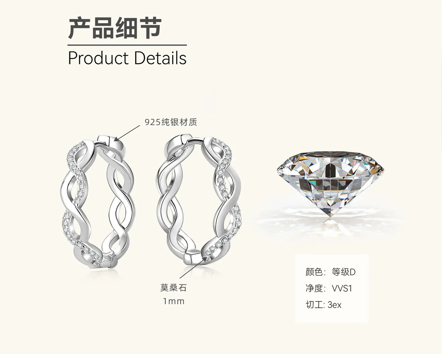 Infinity loop earring product detail diagram, 925 silver and clear moissanite