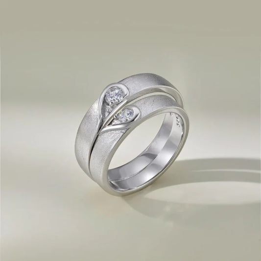 Silver-tone heart CZ couple wedding ring set with two matching bands, curved setting