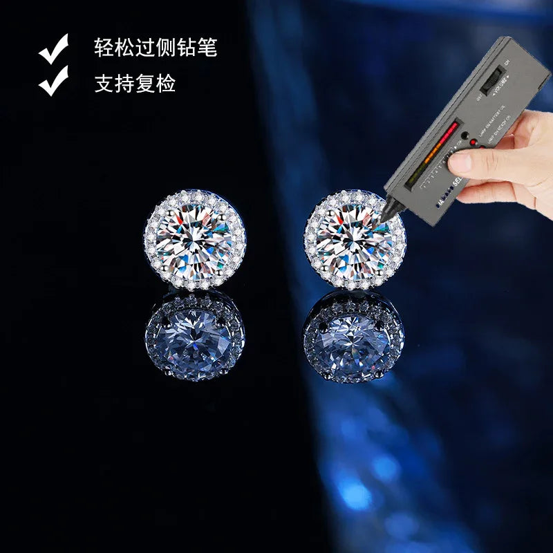 Halo stud earrings with screw-back, round clear center stones and pavé halo, close-up test