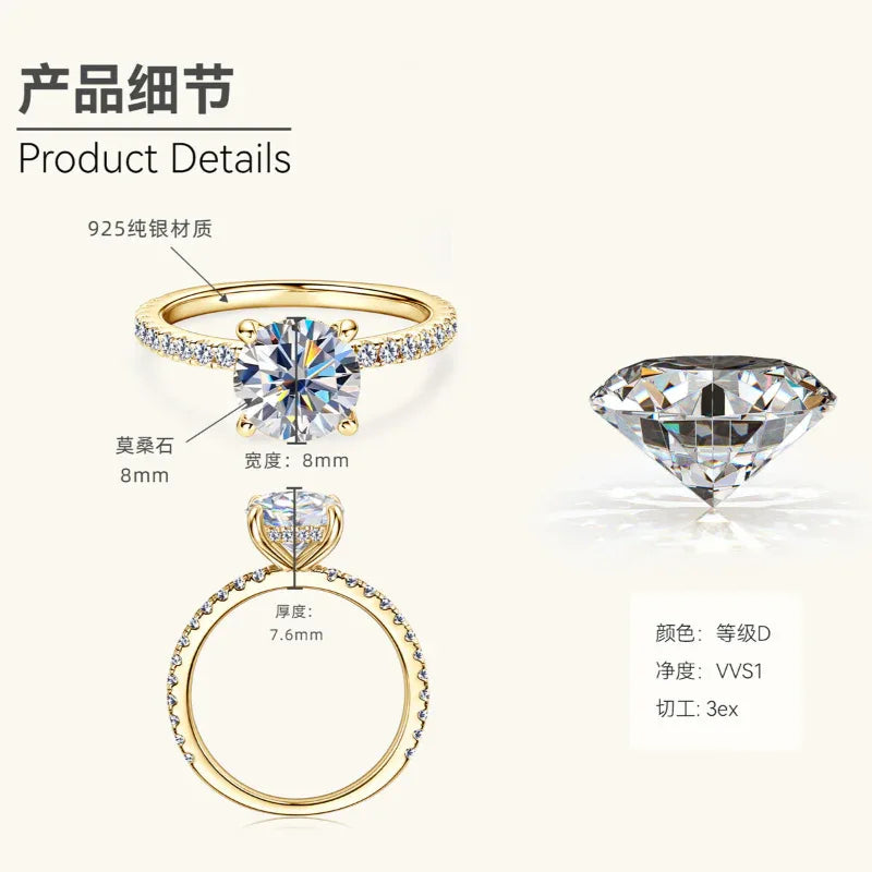 Gold moissanite ring with pavé band and round center stone, side view