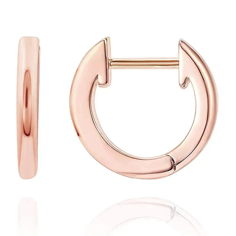 Rose gold hoop earrings with smooth curved outer ring and hinged clasp