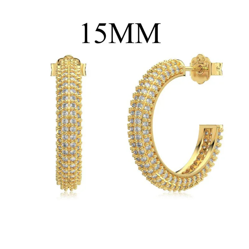 Gold baguette hoop stud earrings with clear CZ, 15mm