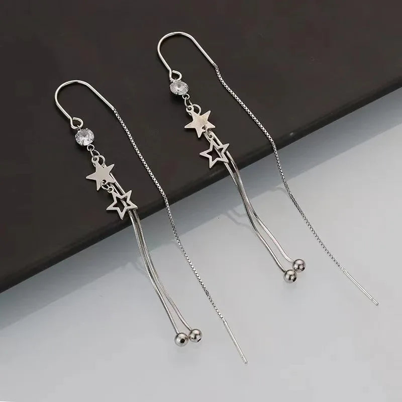 S925 Sterling Silver Long Tassel Five-Pointed Star Earrings - JIMMY JEWELRY 01