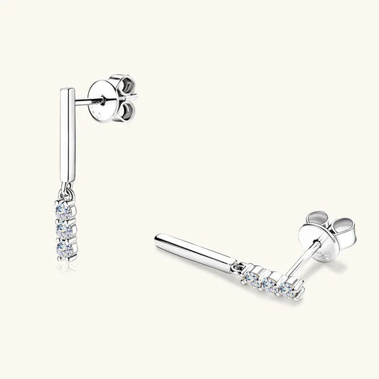 Silver-tone bar drop earrings with three round moissanite stones and hinge backs