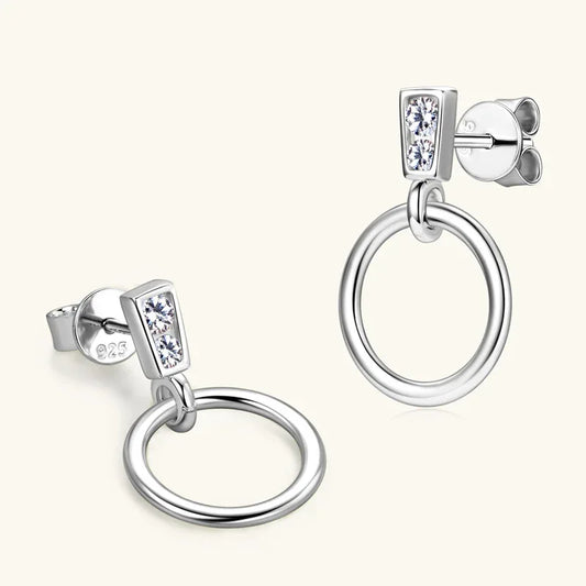 Silver bar drop earrings with two moissanite stones and circular hoop dangle, S925