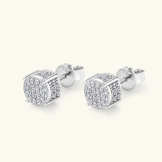 Square pavé stud earrings in silver-tone with clear stone cluster, round pavé edge, push-back