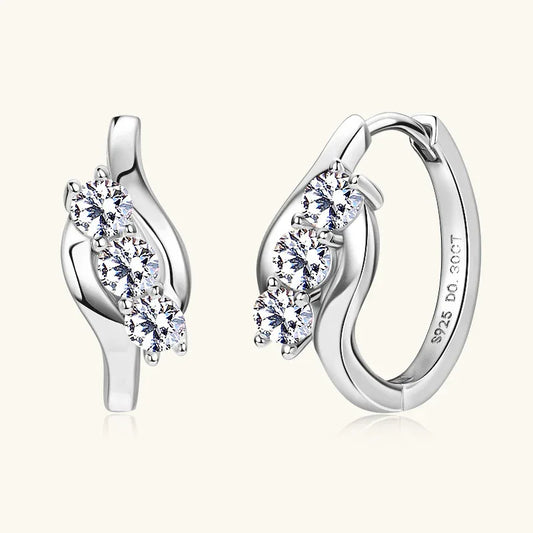 White gold twist hoop earrings with three round moissanite stones on S925 setting