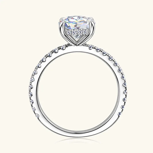 Moissanite engagement ring, white gold tone, round center stone with prong-set pave band