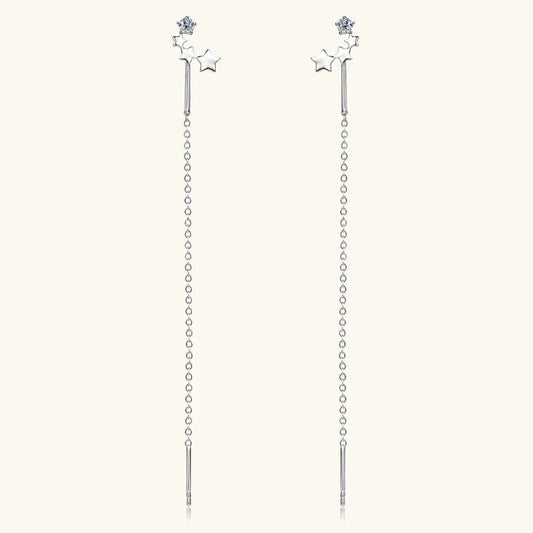 Silver-tone star and blue gem chain tassel drop earrings with five-point stars
