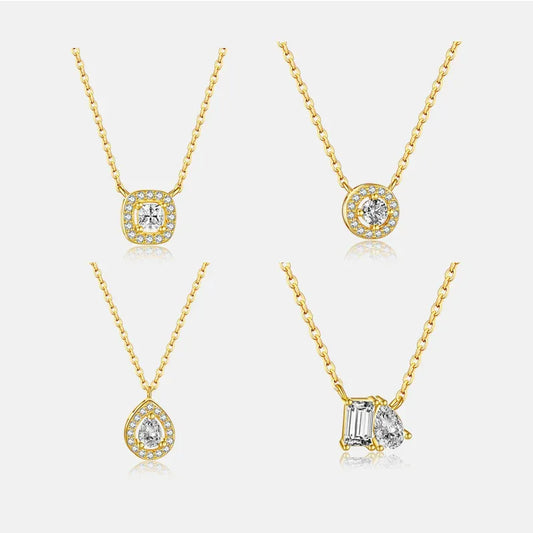 Gold zircon pendant necklaces with round halo and square/emerald-cut stones
