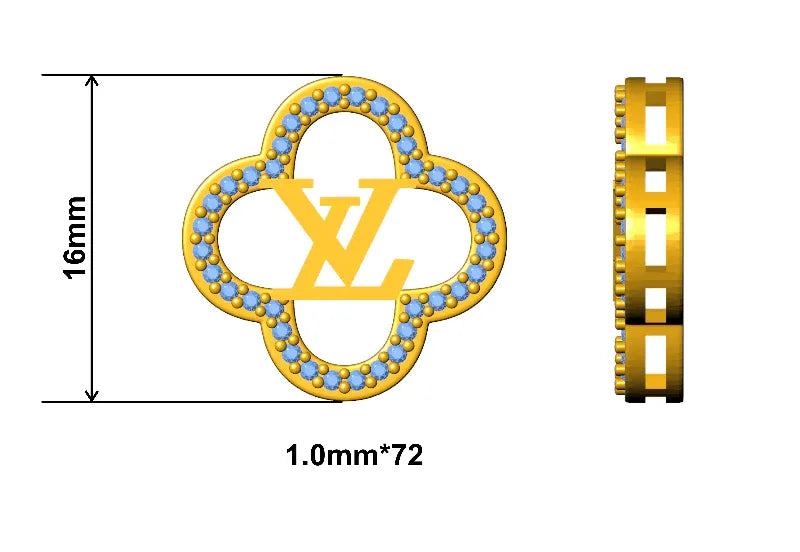 Four-leaf clover pendant necklace diagram: gold charm with blue accents, 16mm