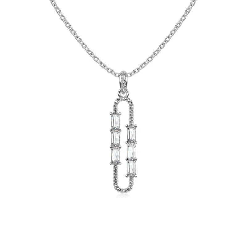 Silver-tone paper clip pendant necklace with clear CZ stones and chain