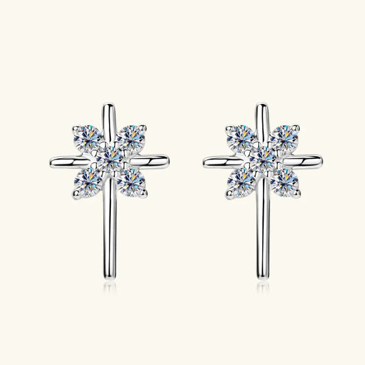 Silver-tone cross stud earrings with five round clear stones and straight posts