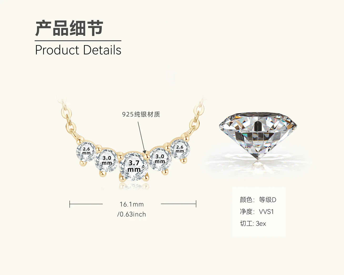 Dainty Moissanite Curve Pendant, Sterling Silver - JIMMY JEWELRY 01