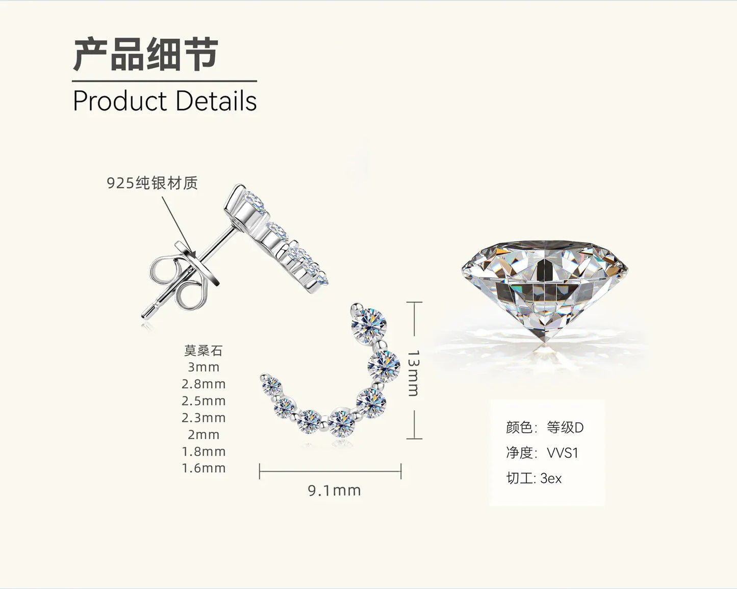 Silver moissanite stud earring product-details diagram showing linked stones and post