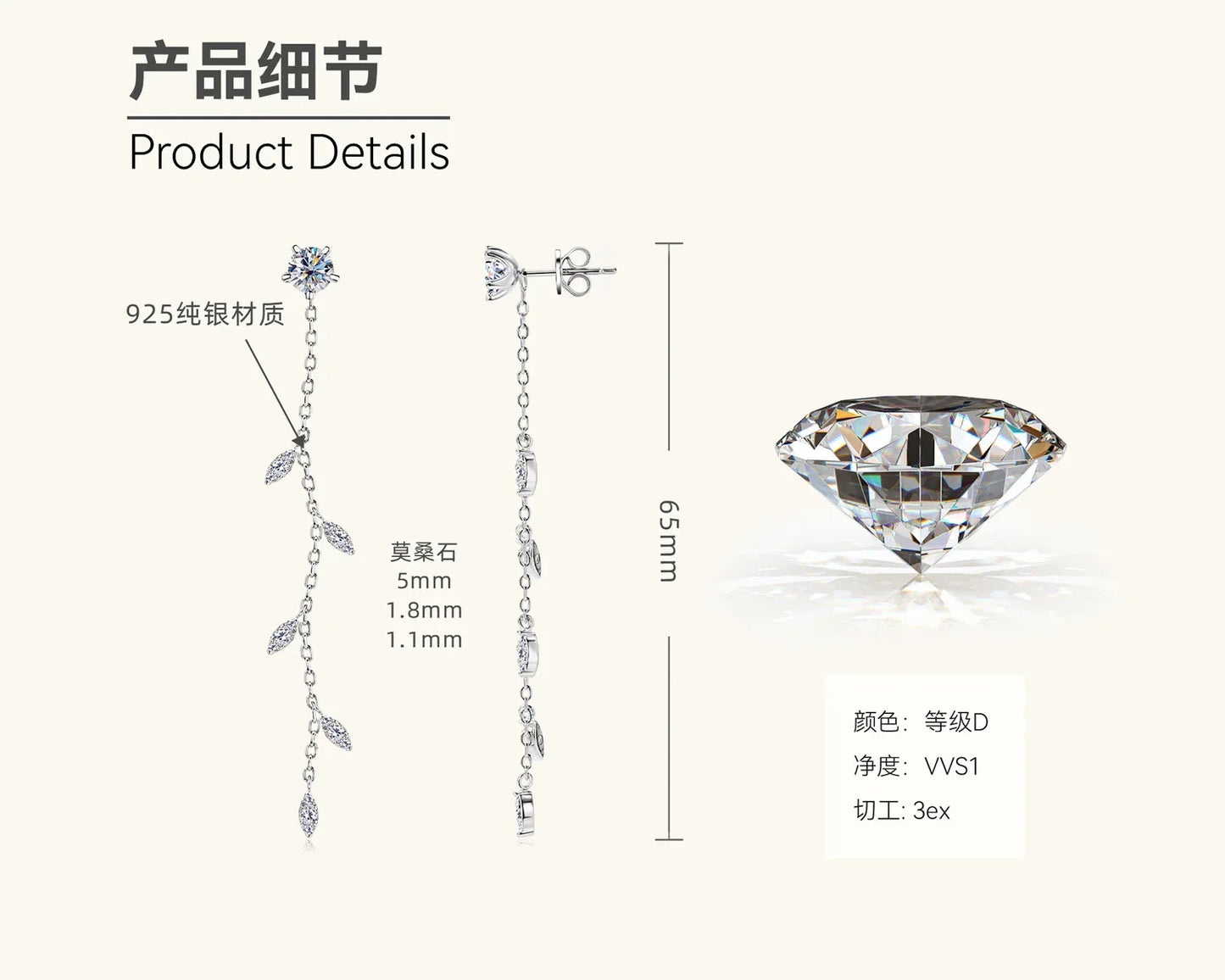 Silver-tone leaf dangle earrings shown in product details diagram with leaf shapes