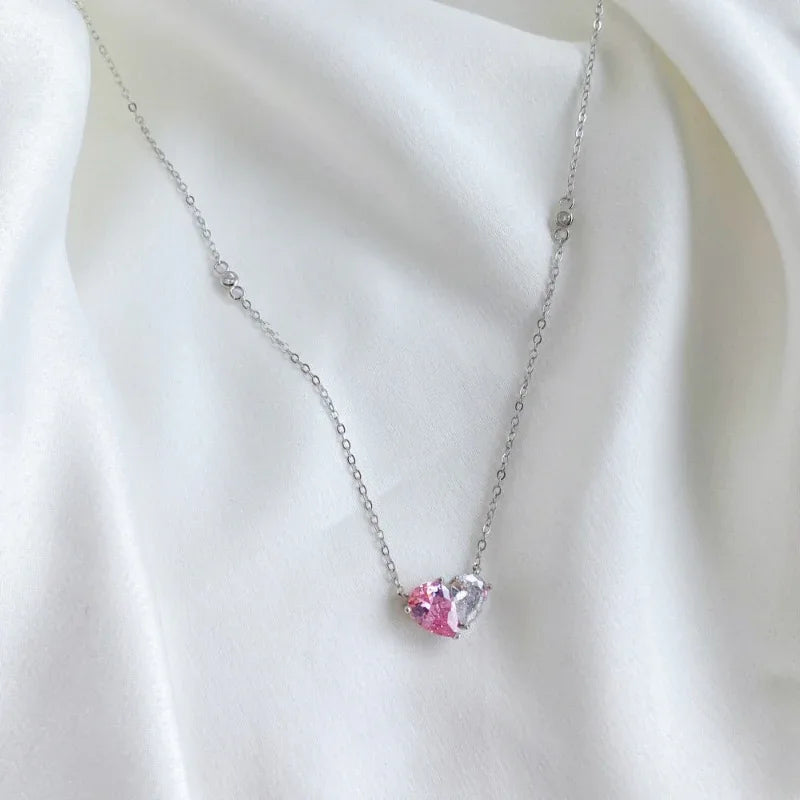 Silver heart CZ necklace with pink zircon and clear stones, pendant on double chain