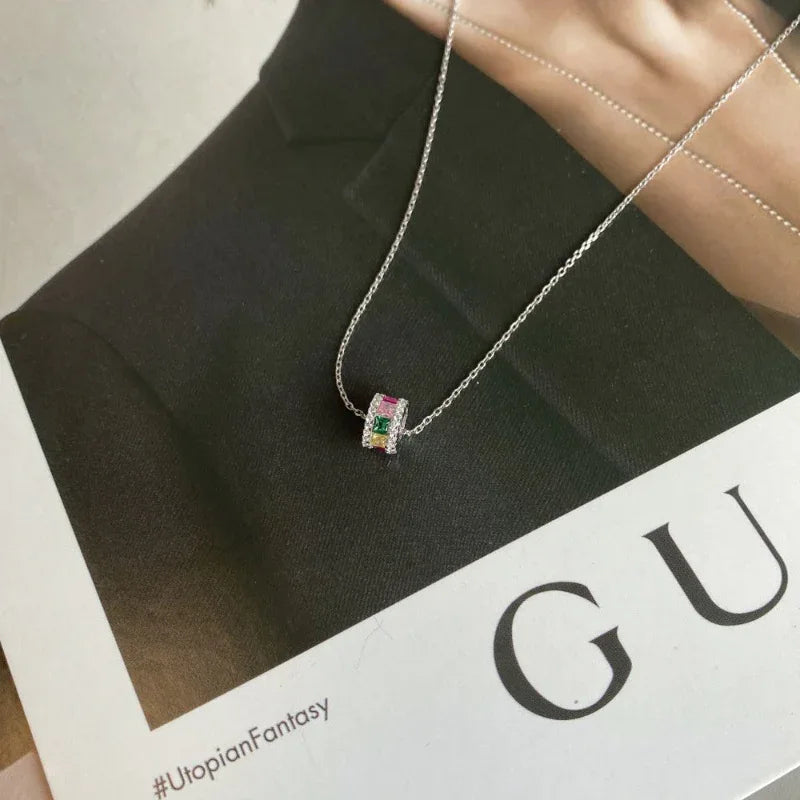 Square multicolor CZ pendant necklace with silver-tone chain
