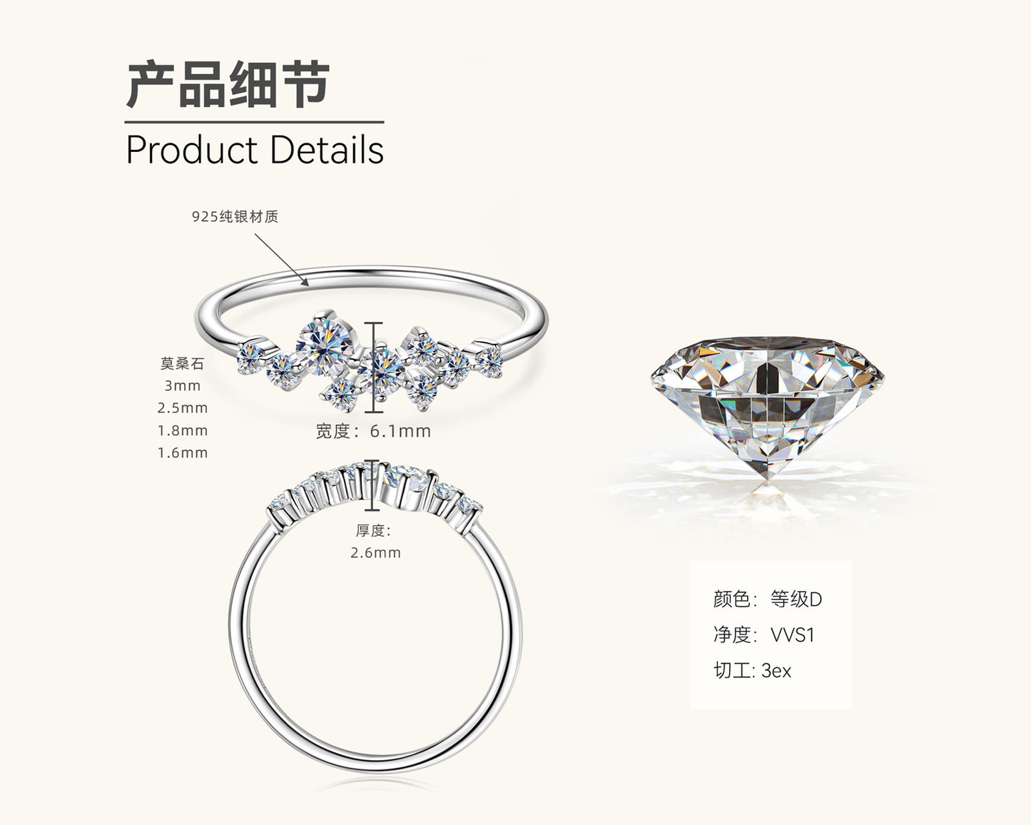 Durable 925 Silver Moissanite Statement Ring