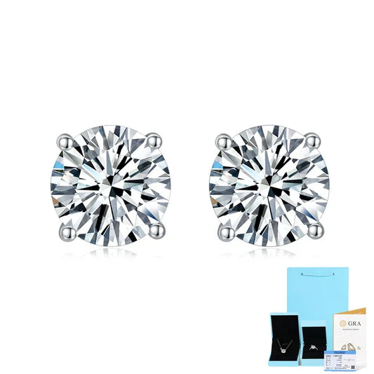 Round moissanite stud earrings with screw backs, shown with gift box.