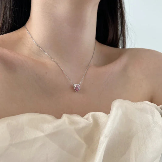Heart CZ pendant necklace with pink heart stone on a silver-tone chain