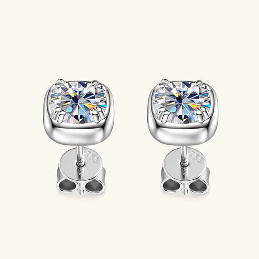 Silver cushion-cut moissanite stud earrings with square bezel, round butterfly backs