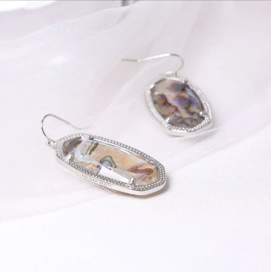 Abalone shell drop earrings, teardrop shape with fishhook and stone border