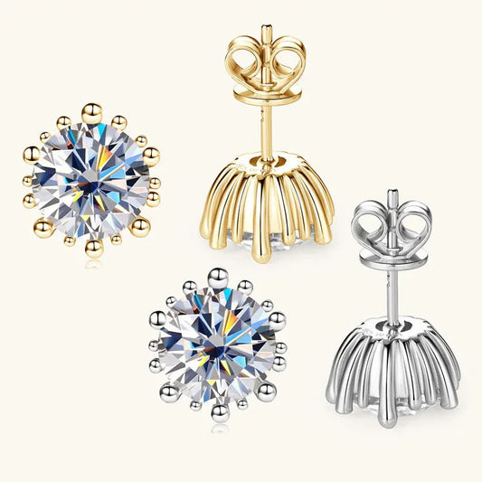 Round moissanite stud earrings with crown prong design; gold and silver tones, post backs