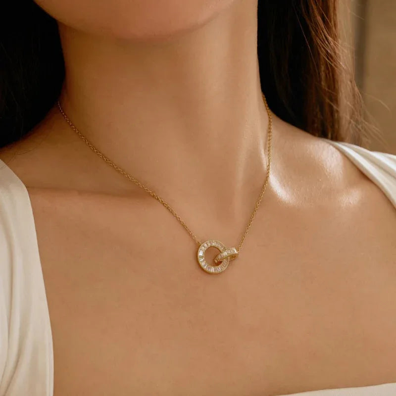 Zirconia Double Circle Interlocking Pendant Necklace - JIMMY JEWELRY 01