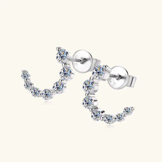 Silver C-shaped moissanite stud earrings with linked round stones, S925 setting