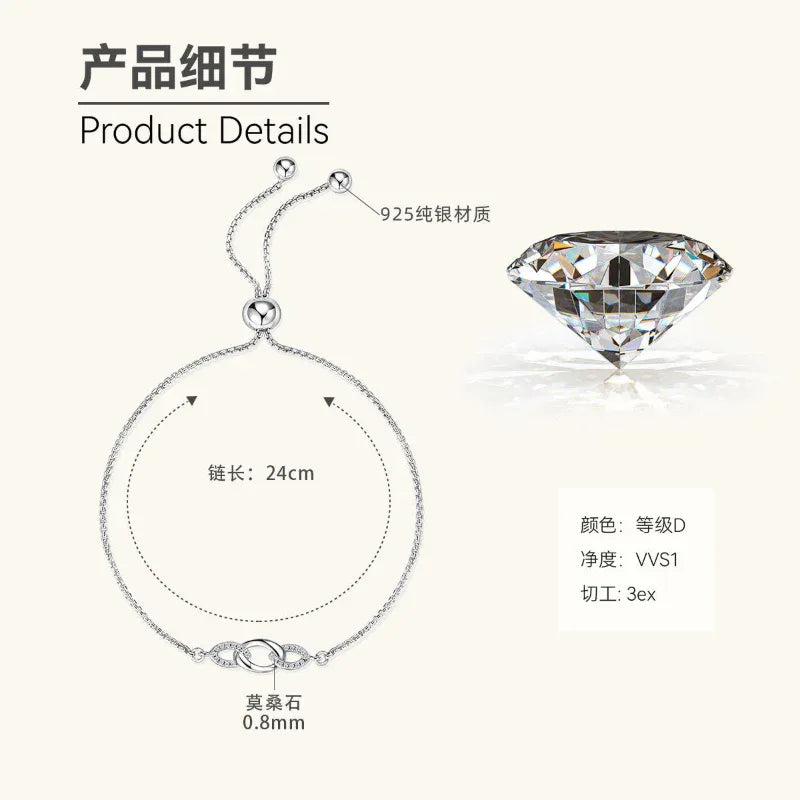 Silver interlocking moissanite bolo bracelet product details graphic with gemstone illustration