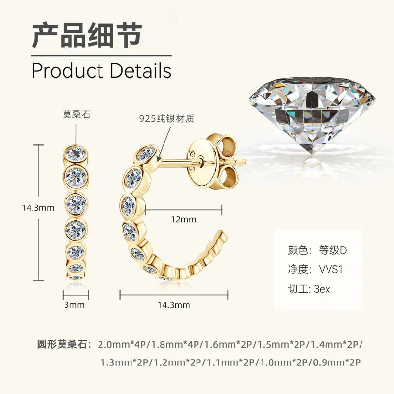 C-hoop earring product details diagram with gold setting, stones, and measurements.