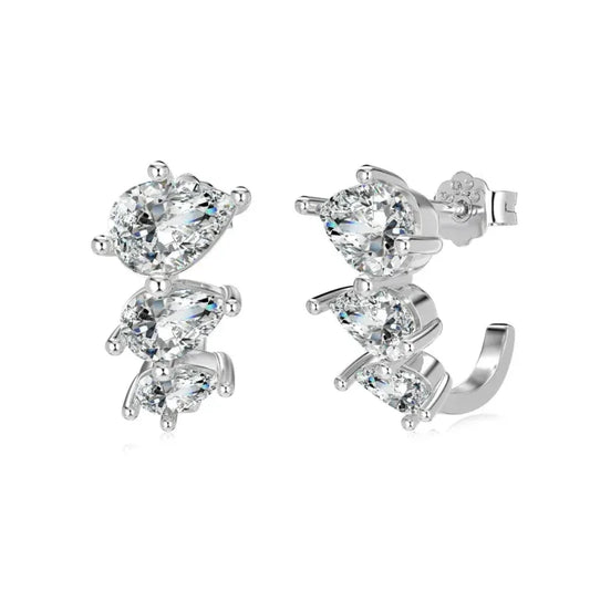 White gold hoop stud earrings with three clear zirconia drops