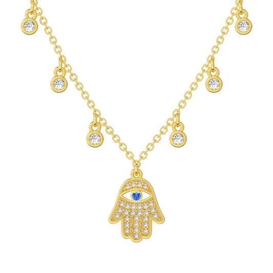 Gold hamsa hand evil eye tassel necklace with cz round charm dangles and chain