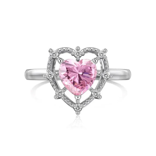 Heart-shaped pink CZ ring in silver-tone, pavé halo with eternity design